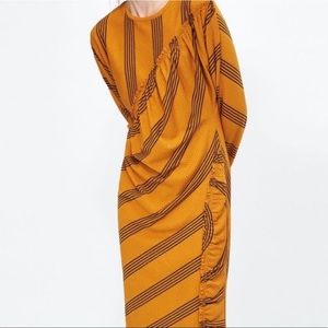 Zara Striped Gathered Yellow Gold Dress Size Small